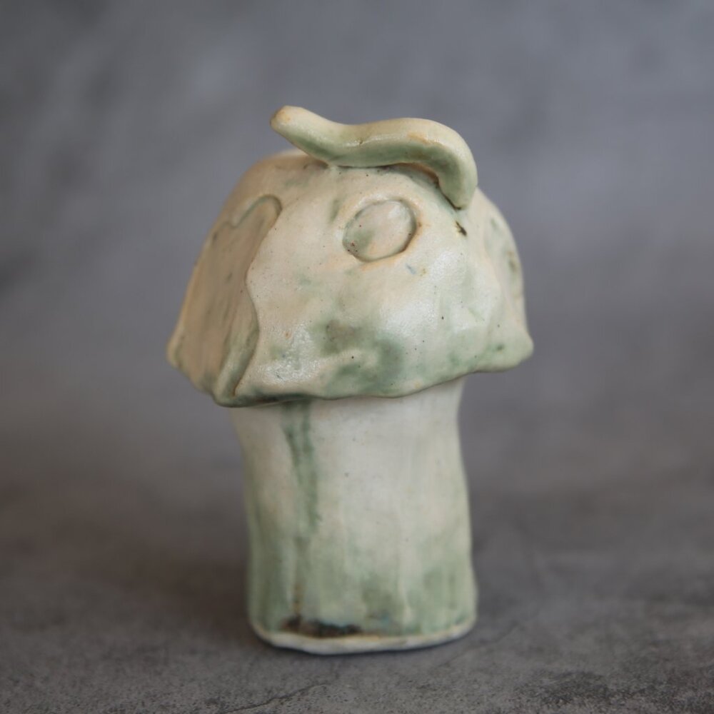 Handmade Signed Pottery Mushroom Green and White